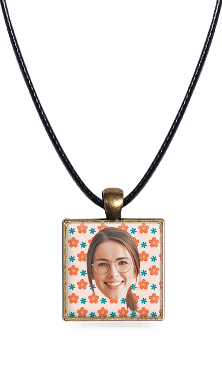 Brass Square Necklace - Retro Flowers - Cream