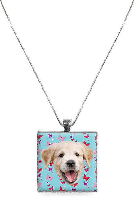 Silver Square Necklace - Butterflies - Blue